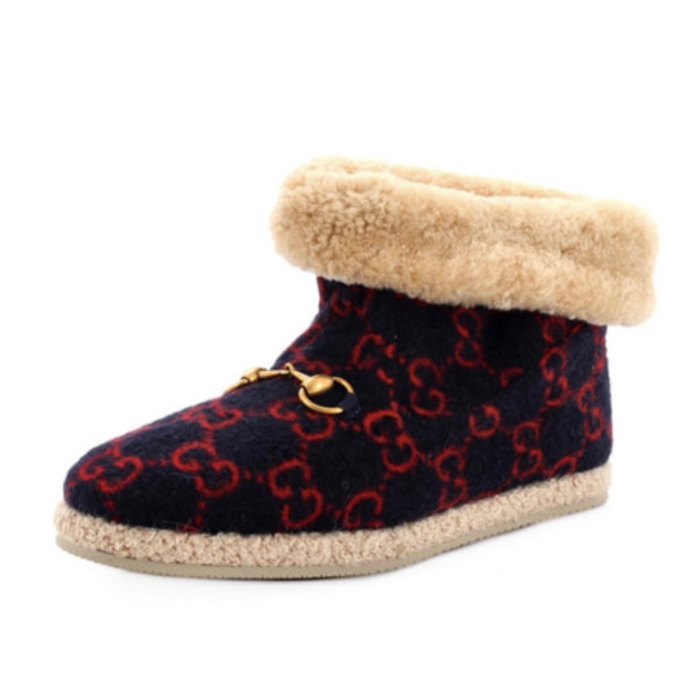Gucci Fria Horsebit Ankle Boots GG Wool and Shearling